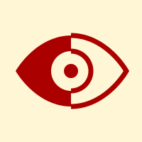 A red eye on cream: the left half solid, the right half drawn in outline as its reflection