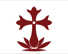 Squat crimson cross patonce, its upper and side arms ending in three points, whose lower arm is the central petal of a five-petal lotus rising out of the flower