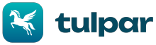 A white winged horse leaping left on a turquoise rounded square, beside the word tulpar in dark teal lowercase letters