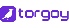 A white singing lark on a violet rounded square, beside the word torgoy in squared violet lowercase lettering