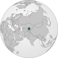 Orthographic globe centred on Central Asia with Irad shown in green