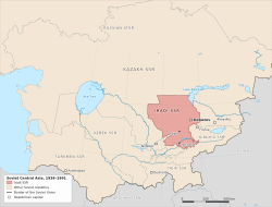 Map of Soviet Central Asia with the Iradi SSR highlighted among the Kazakh, Uzbek, Kirghiz, Tajik and Turkmen SSRs