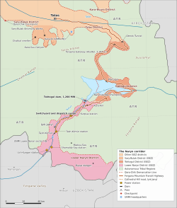 Map of the ISEZ corridor from Talas over the Fergana Gateway to the Toktogul basin (Toktogul District) and down the Naryn (Lower Naryn District), with the Toktogul reservoir and dam