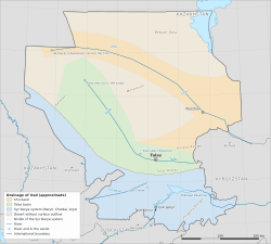 Map of Irad's rivers coloured by drainage basin: the Chu, the Talas and the Syr Darya system, with deserts that have no outflow