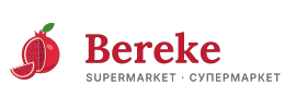 A red pomegranate with a segment cut out and lying in front of it, beside the word Bereke in a bold red serif