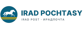 A white galloping horse on a teal disc above two yellow lines, beside IRAD POCHTASY in teal capitals