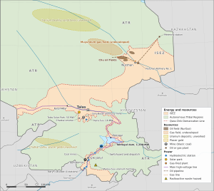 Map of the oil fields around Nurzhan and the pipelines to the refinery and the frontier