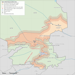Map of Irad showing the ISEZ and the Autonomous Tribal Regions separated by the dashed red Qara-Chik line, with a shaded band along it