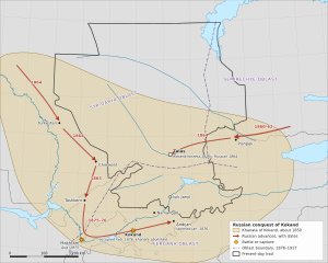 Map of the Khanate of Kokand about 1850 with red arrows of the Russian advances of 1860–1876 and the later oblast boundaries, over the outline of present-day Irad