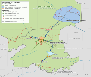 Map of Irad in 2007: Popular Front control of the countryside in green, Toktarov's area around Nurzhan in blue, the besieged DRI pocket at Talas in orange, with attack arrows