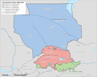 Map of Irad divided into three coloured areas: the large northern steppe in blue for Kazakhstan, the Talas valley, Chatkal and Naryn lands in red for Kyrgyzstan, and the Fergana rim in green for Uzbekistan, with dashed proposed boundaries