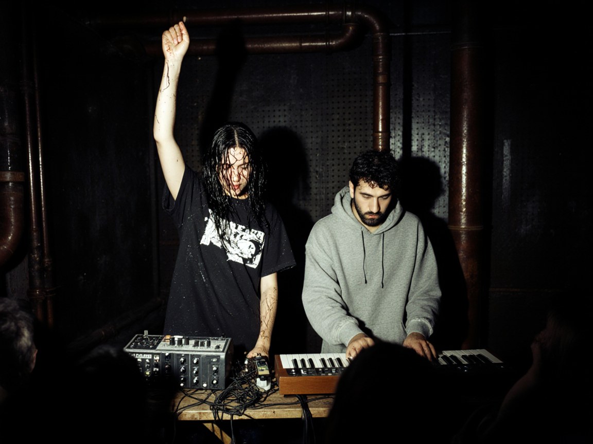 A sweaty woman with wet hair over her face raises one fist behind a table of synthesizers, beside a bearded man in a grey hoodie playing keys, lit by camera flash against rusted boiler pipes